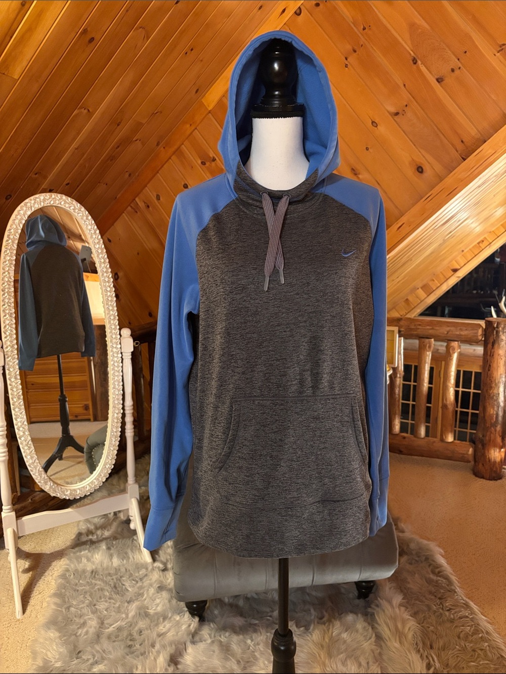 Nike Men's Charcoal Gray Body with Blue Raglan Zip-Up Sweater